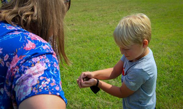 Boy lets butterfly land on finger